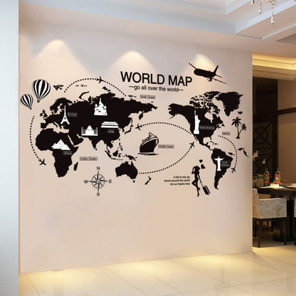 Black World Map Wall Sticker Bedroom Office Artistic Background Removable PVC Muurstickers Home Decor Kids Room Decoration