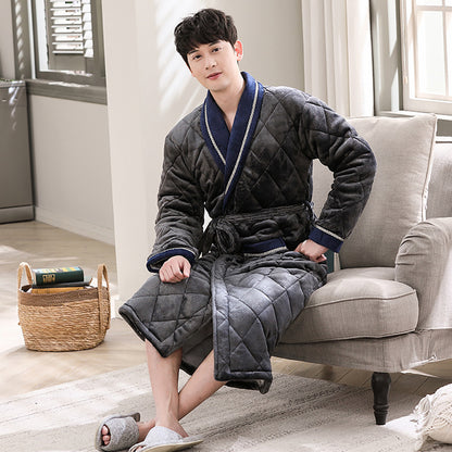 Winter Men's Bathrobe Terry Bathrobe 3 Layer Flannel