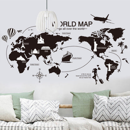 Black World Map Wall Sticker Bedroom Office Artistic Background Removable PVC Muurstickers Home Decor Kids Room Decoration