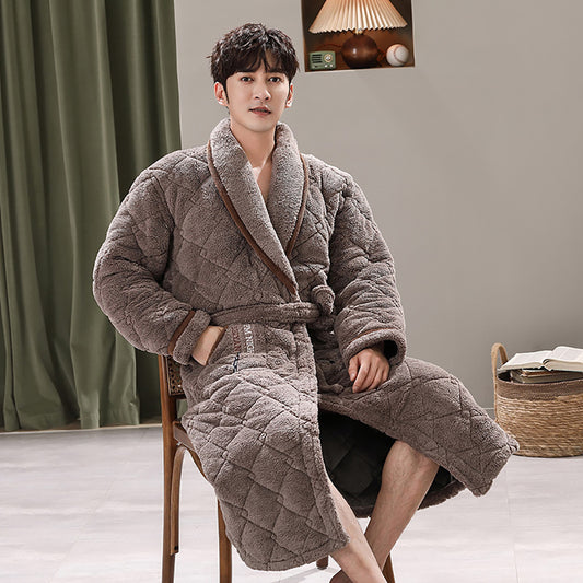 Winter Men's Bathrobe Terry Bathrobe 3 Layer Flannel