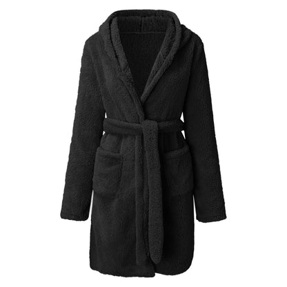 Solid Colour Hooded Home Warm Bathrobe For Women