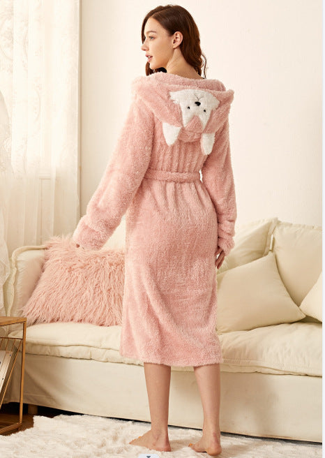 Women's Fashion Simple Pocket Ears Soft Thermal Bathrobe