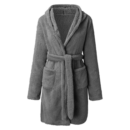 Solid Colour Hooded Home Warm Bathrobe For Women