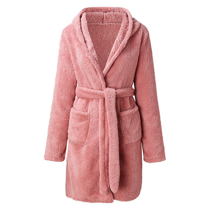 Solid Colour Hooded Home Warm Bathrobe For Women