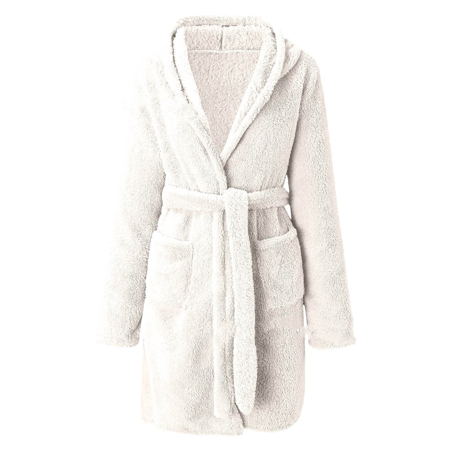 Solid Colour Hooded Home Warm Bathrobe For Women