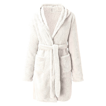 Solid Colour Hooded Home Warm Bathrobe For Women