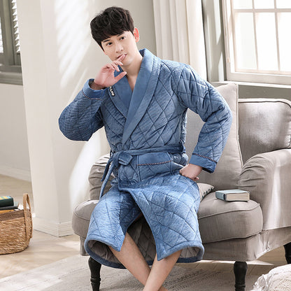 Winter Men's Bathrobe Terry Bathrobe 3 Layer Flannel