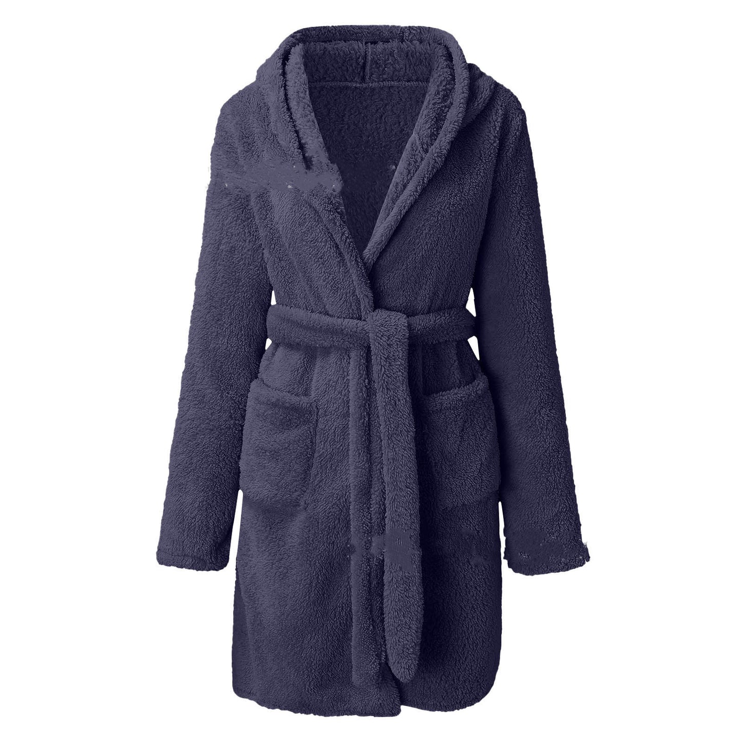 Solid Colour Hooded Home Warm Bathrobe For Women